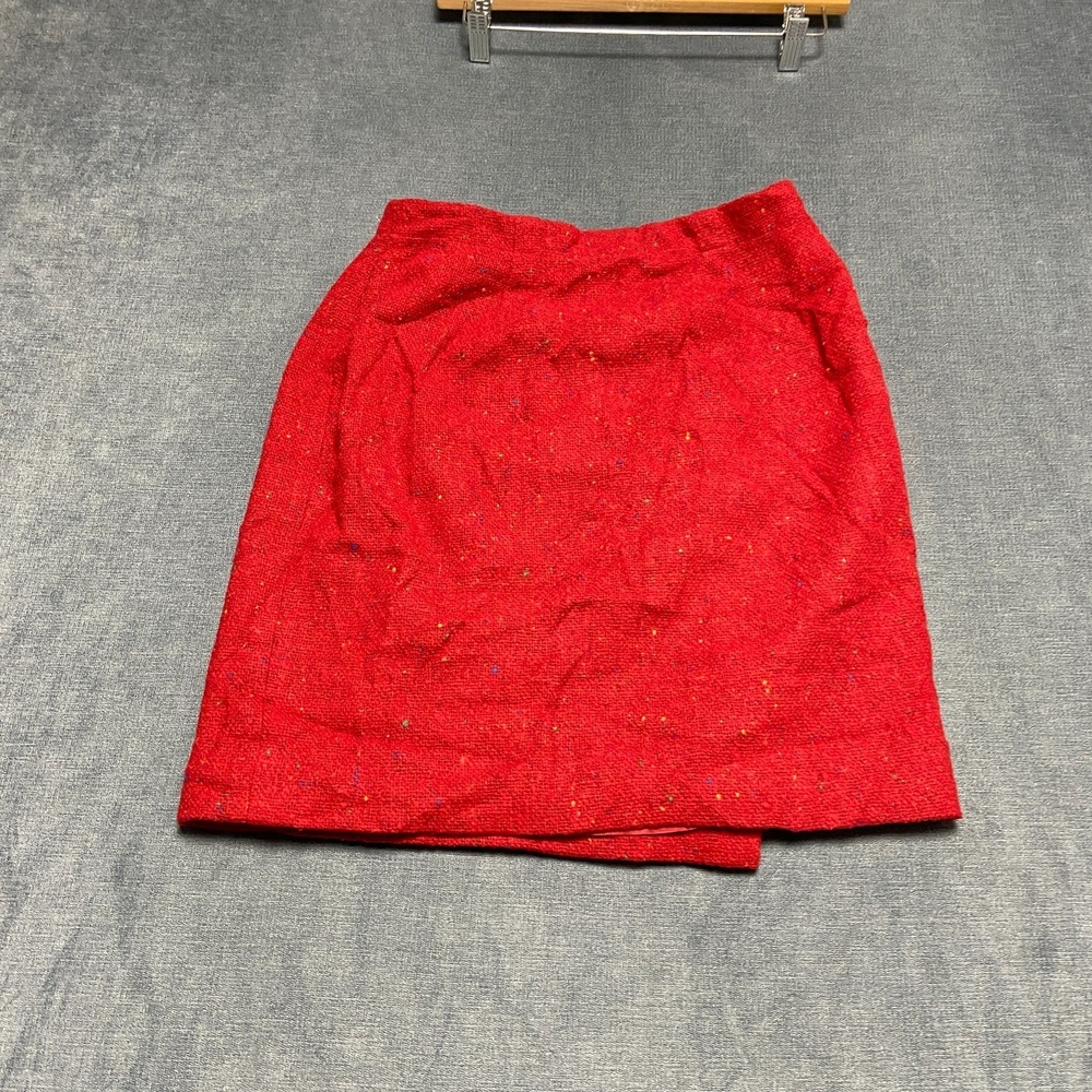 Lizwear Wrap Skirt Womens 2 Petite Red Wool Knee Length Classic Fringe Trim